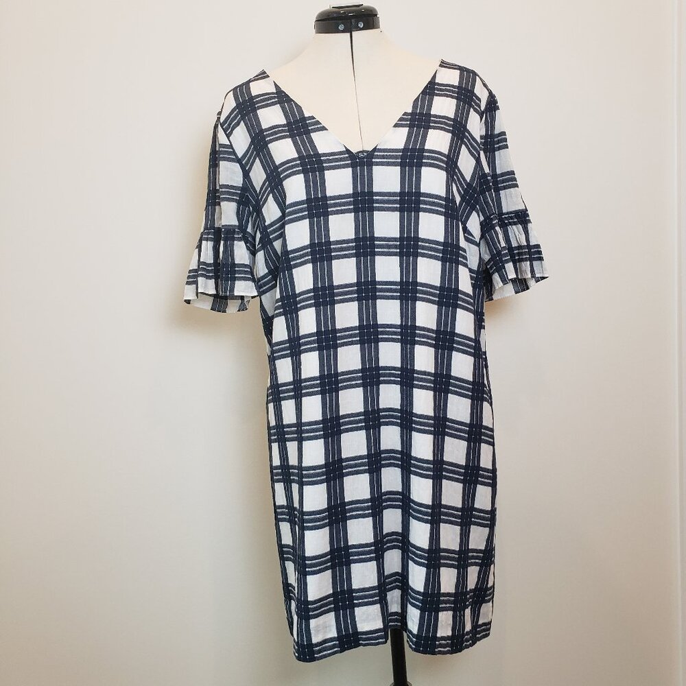 Madewell Leighton Navy Blue Plaid V Neck Bell Sleeve Mini Shift Dress Size 10